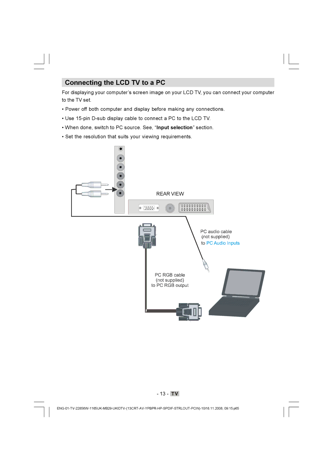 Hitachi L22DP03U manual Connecting the LCD TV to a PC 