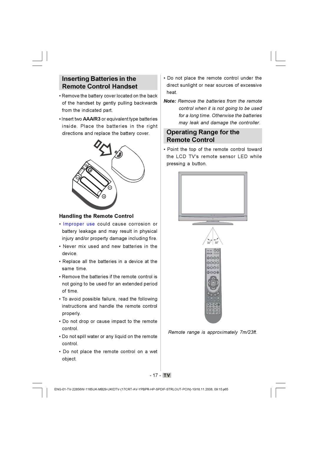 Hitachi L22DP03U manual Inserting Batteries in the Remote Control Handset, Operating Range for Remote Control 