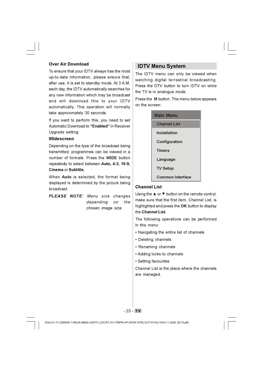 Hitachi L22DP03U manual Idtv Menu System, Over Air Download, Widescreen, Channel List 