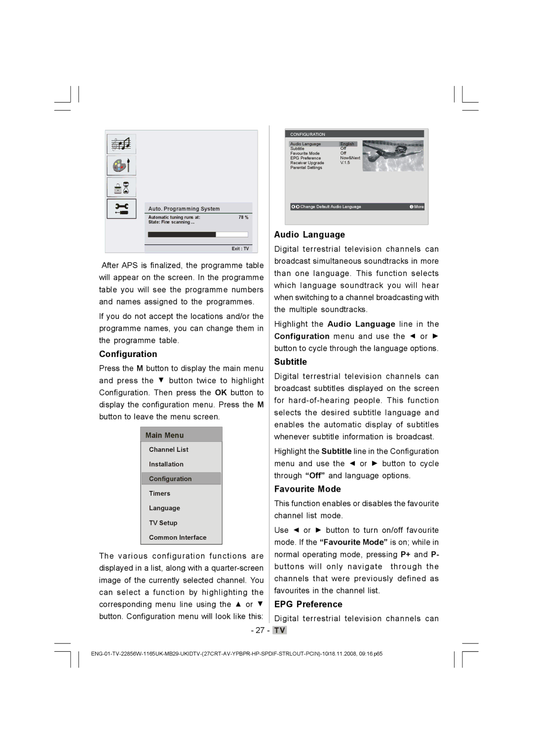 Hitachi L22DP03U manual Configuration, Audio Language, Subtitle, Favourite Mode, EPG Preference 