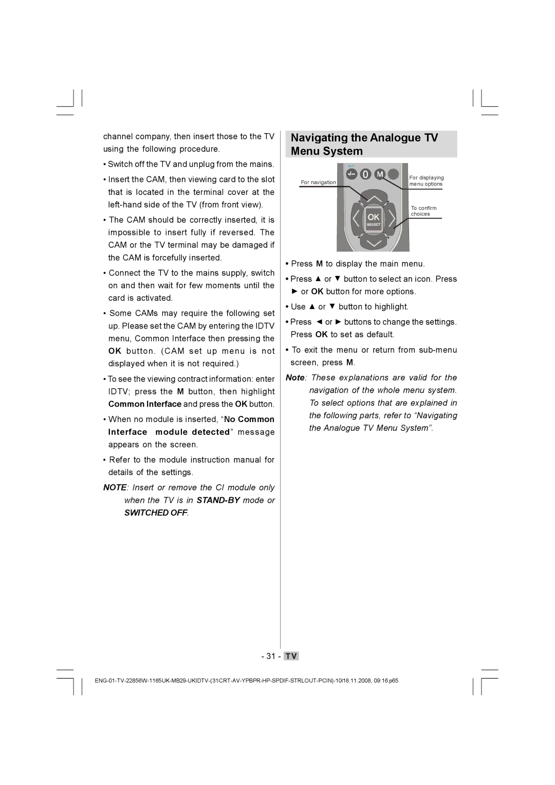 Hitachi L22DP03U manual Navigating the Analogue TV Menu System 