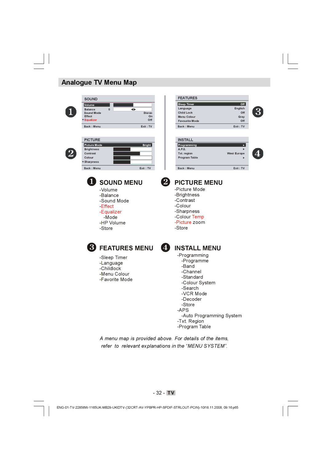 Hitachi L22DP03U manual Analogue TV Menu Map, Features Menu 