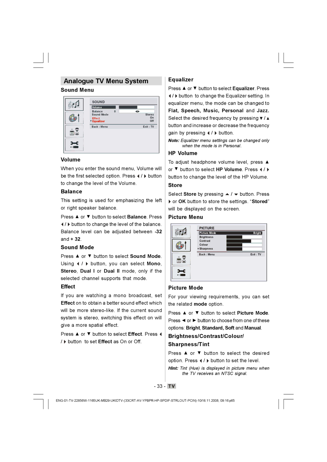 Hitachi L22DP03U manual Analogue TV Menu System 