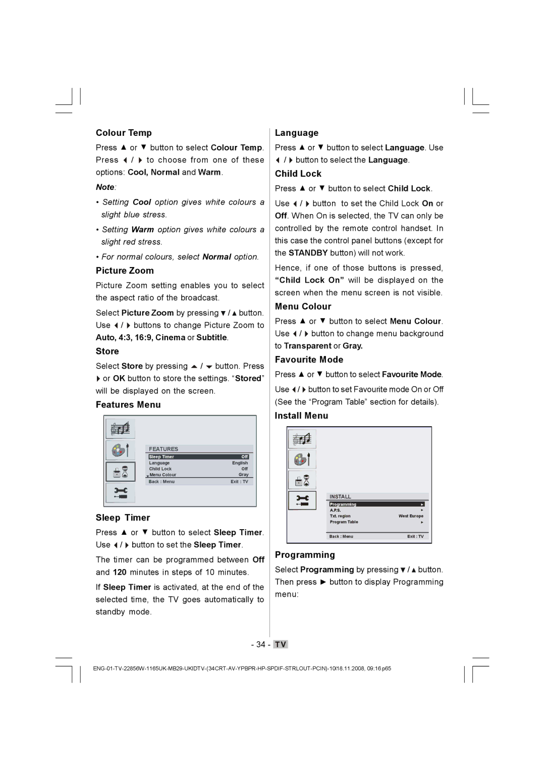 Hitachi L22DP03U Colour Temp, Picture Zoom, Features Menu Language, Child Lock, Menu Colour, Install Menu, Sleep Timer 