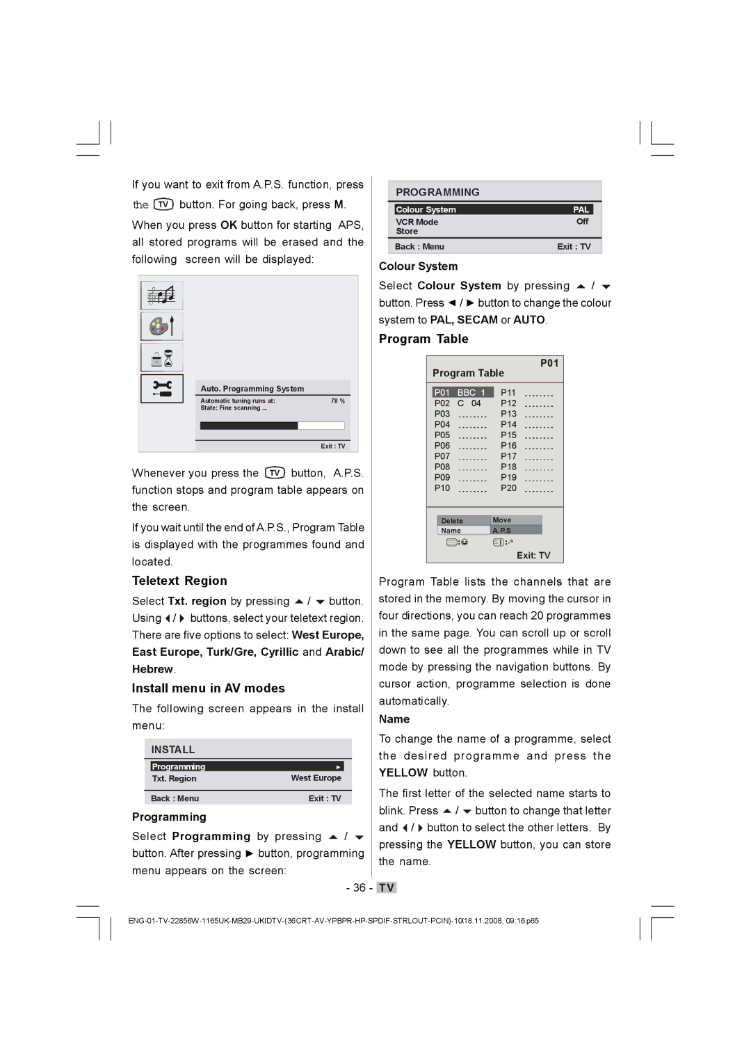 Hitachi L22DP03U manual Teletext Region, Install menu in AV modes, Program Table, Programming, Name 