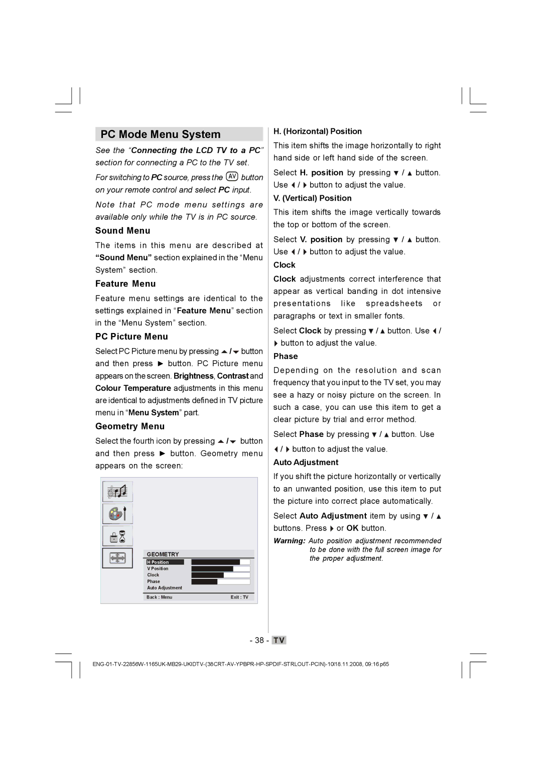 Hitachi L22DP03U manual PC Mode Menu System, Feature Menu, PC Picture Menu, Geometry Menu 