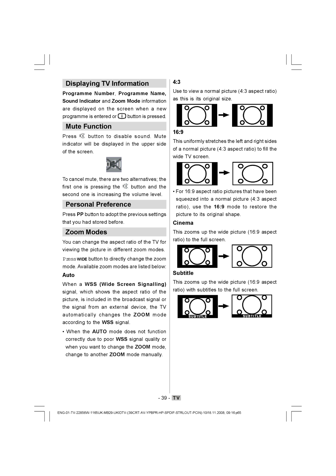 Hitachi L22DP03U manual Displaying TV Information, Mute Function, Personal Preference, Zoom Modes 