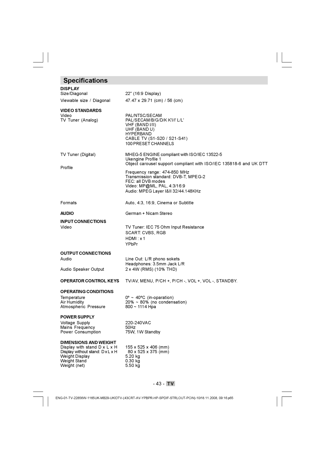 Hitachi L22DP03U manual Specifications, Video Standards 