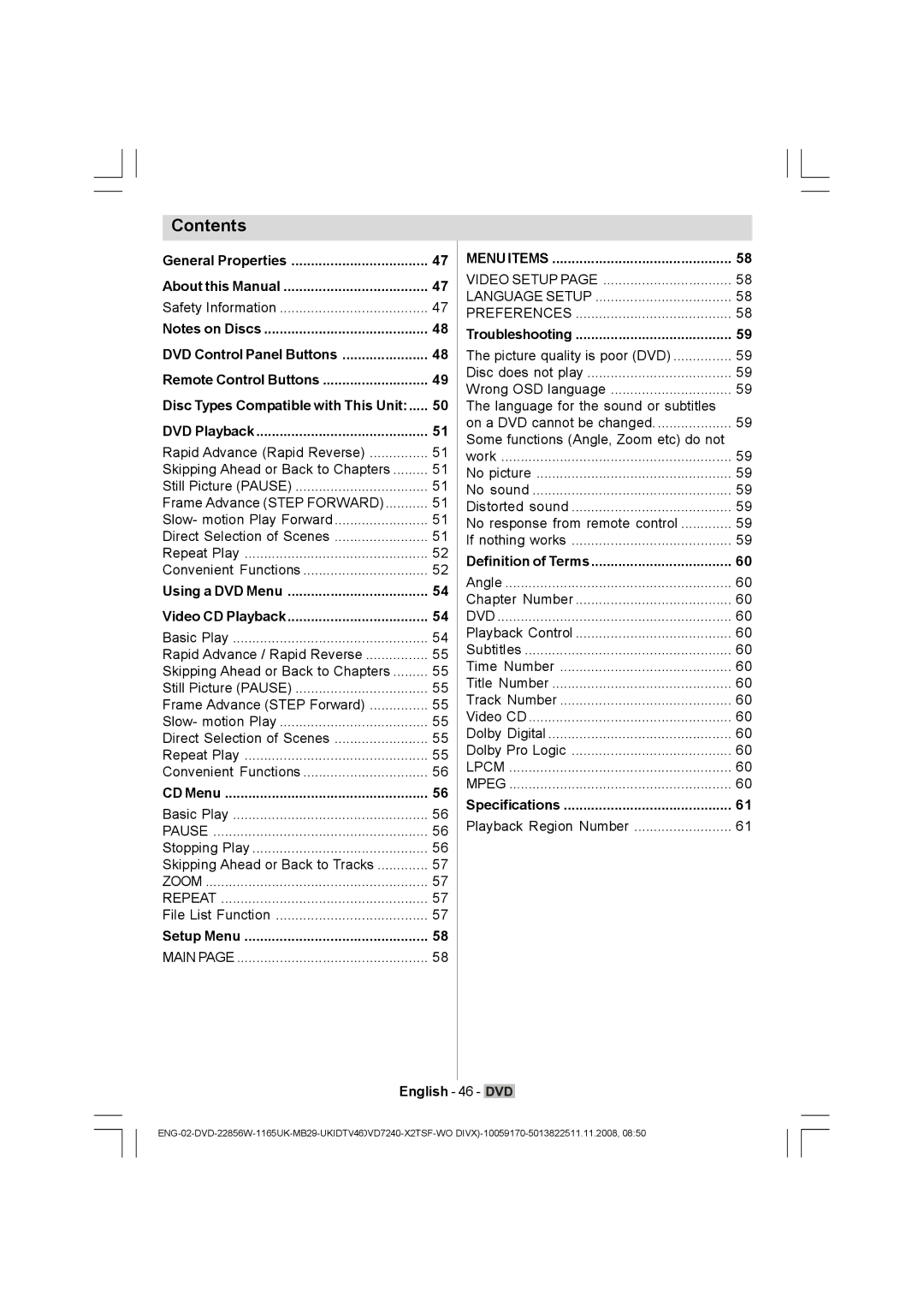 Hitachi L22DP03U manual Contents 