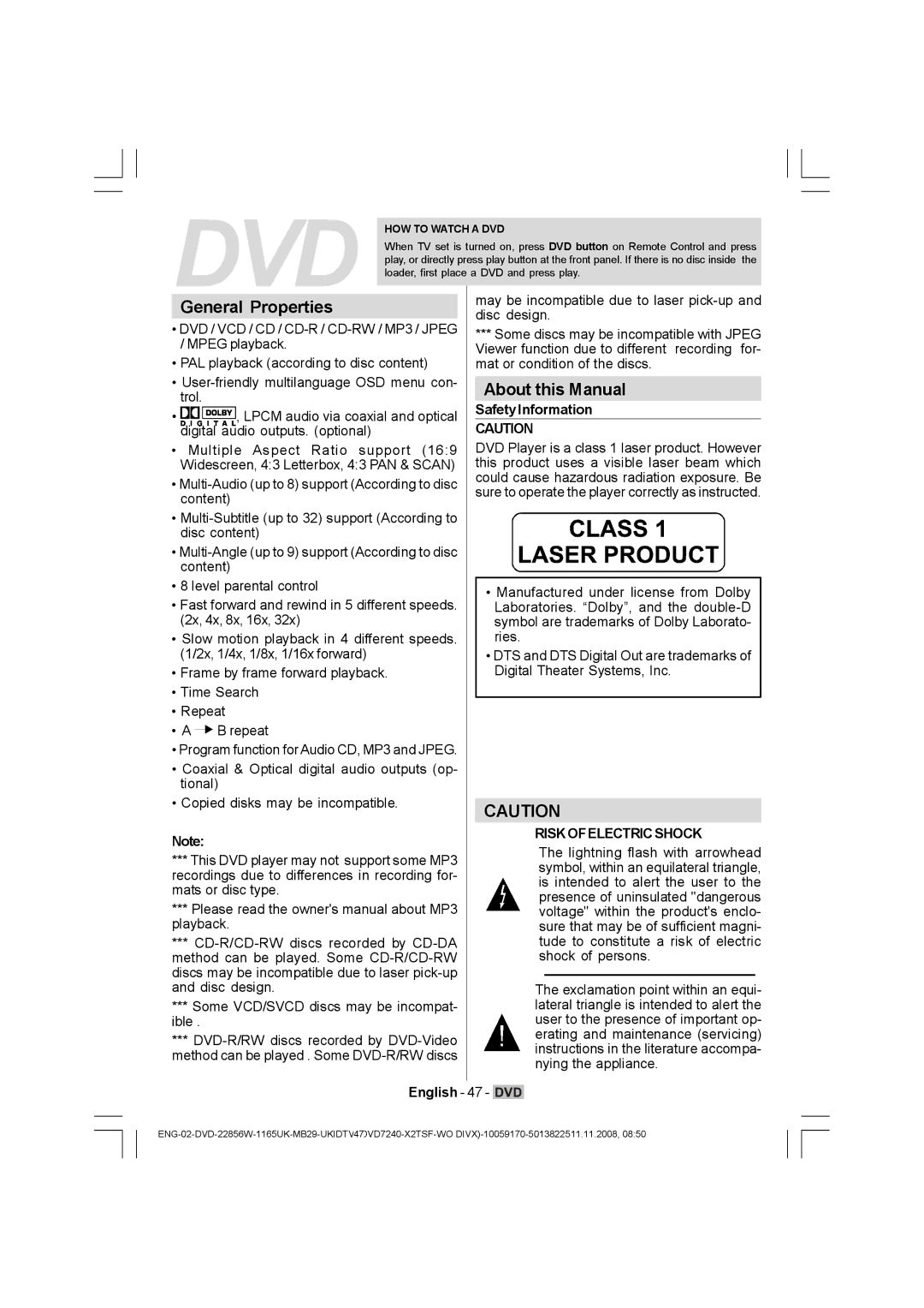 Hitachi L22DP03U manual General Properties, About this Manual, Safety Information, Risk Ofelectric Shock 