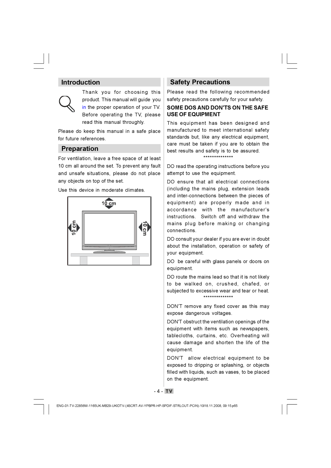 Hitachi L22DP03U manual Introduction, Preparation, Safety Precautions 