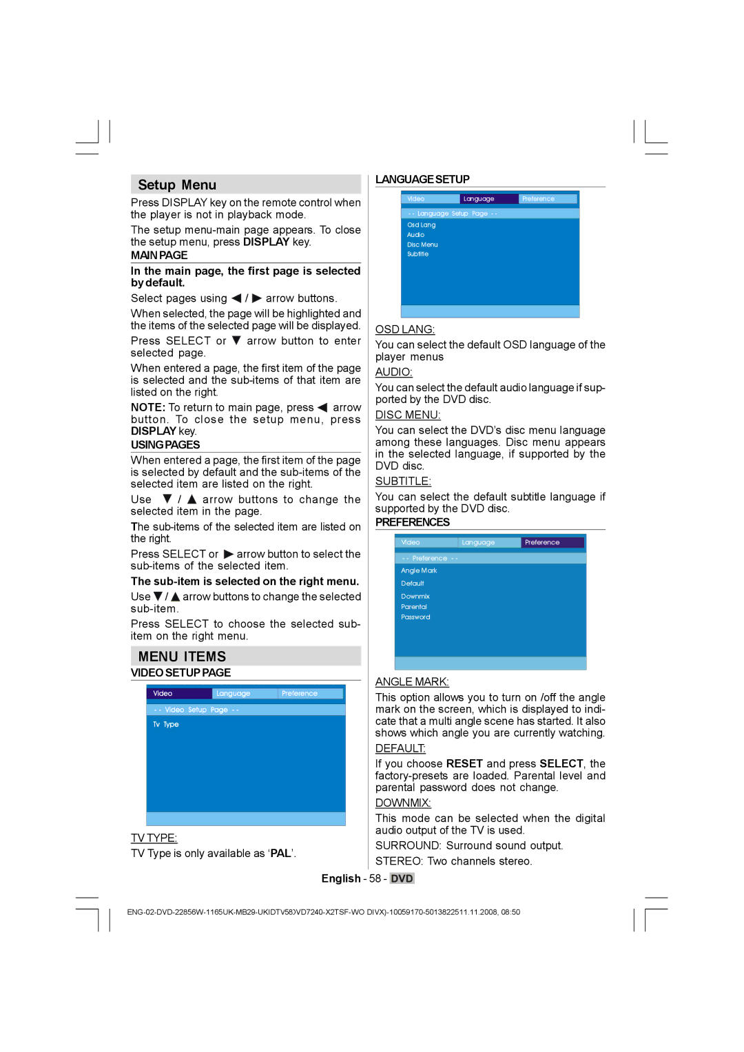 Hitachi L22DP03U manual Setup Menu, Main, Usingpages, Video Setuppage Languagesetup, Preferences 