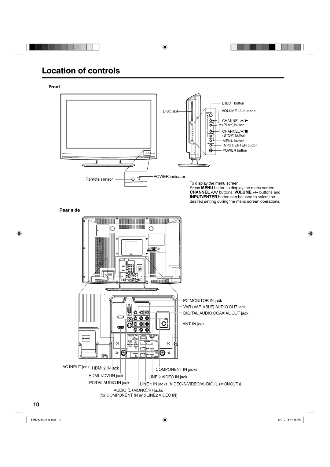 Hitachi L26D204 manual Location of controls, Front, Rear side 