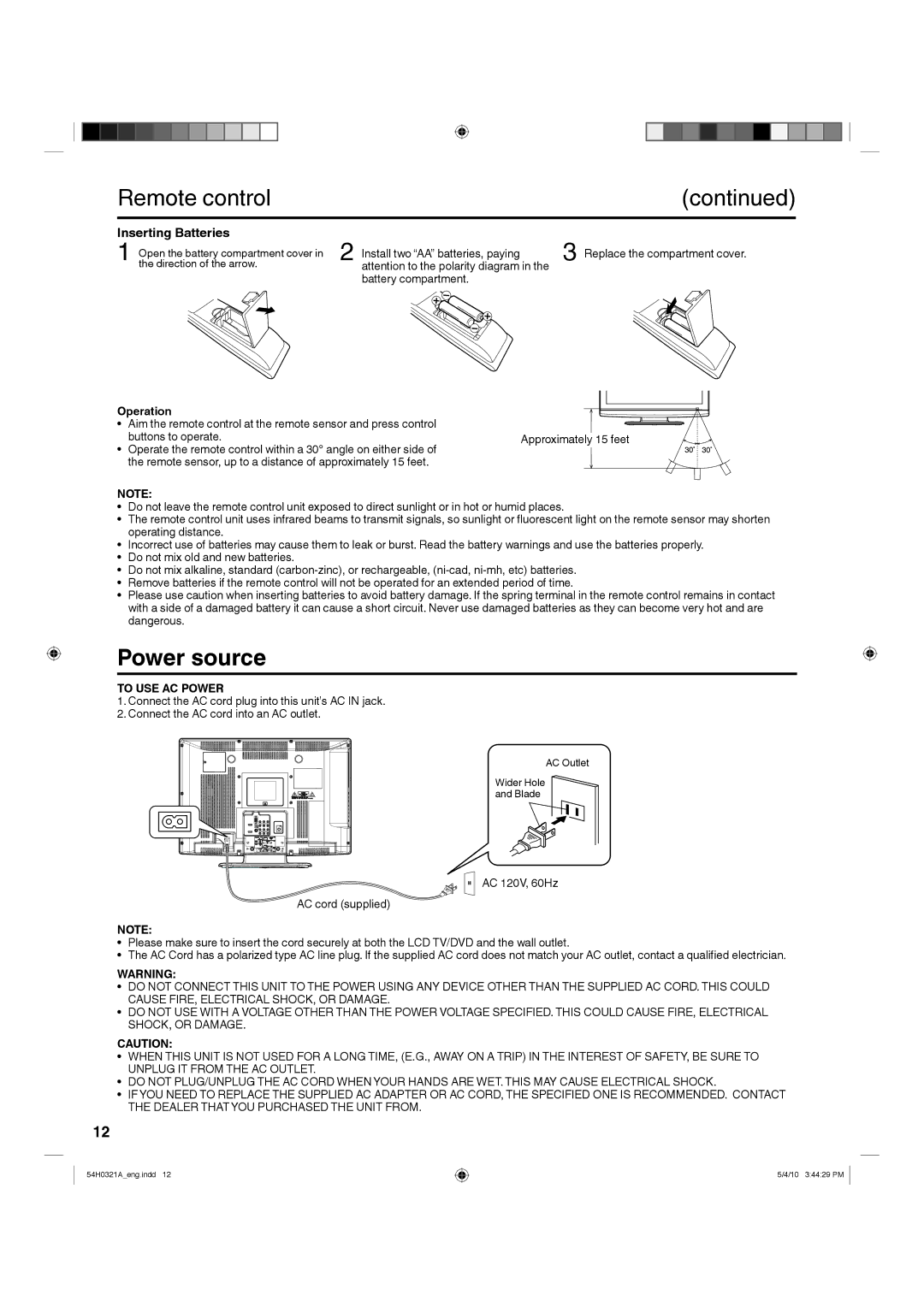 Hitachi L26D204 manual Power source, Inserting Batteries, Operation, To USE AC Power 