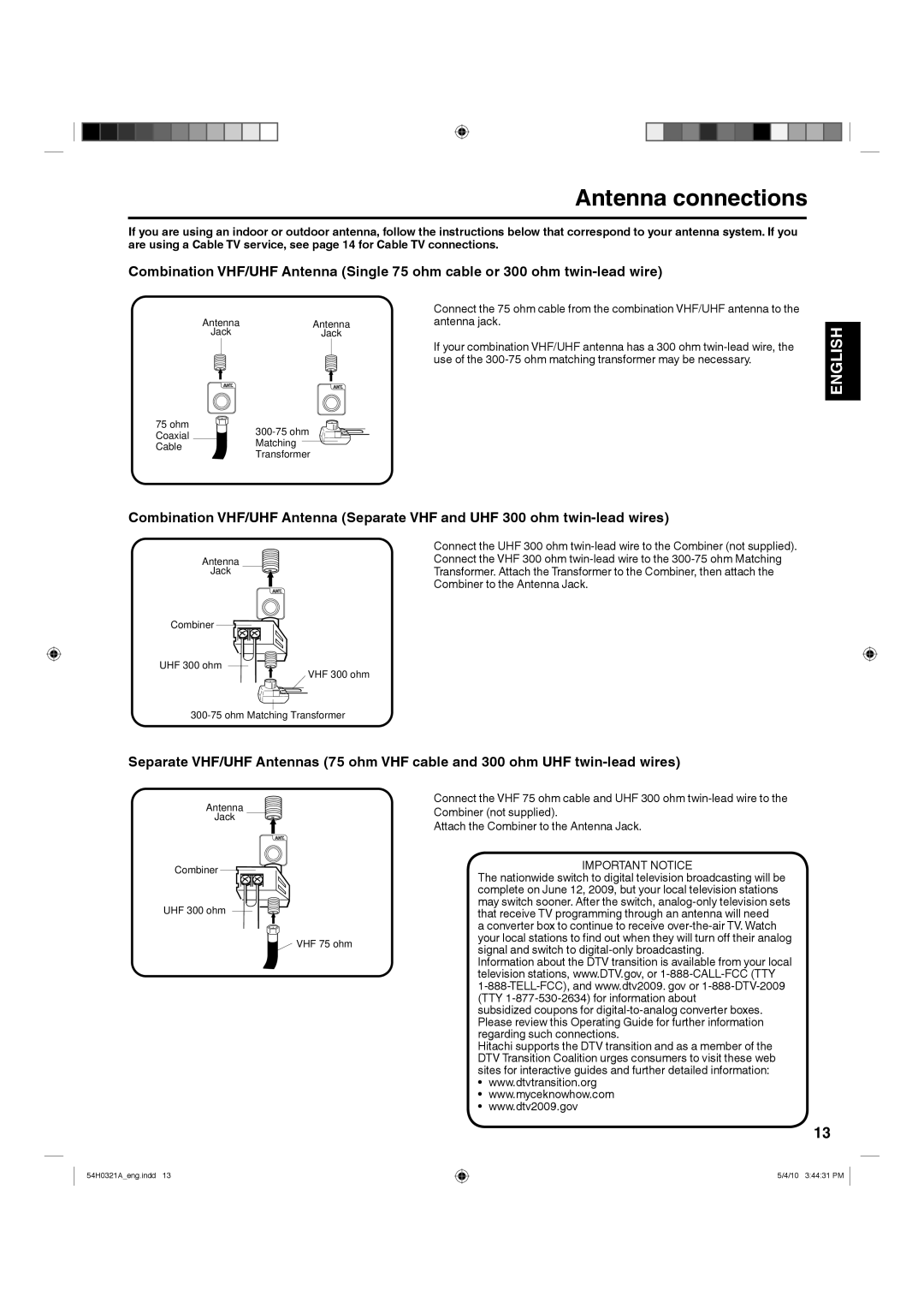 Hitachi L26D204 manual Antenna connections, Important Notice 