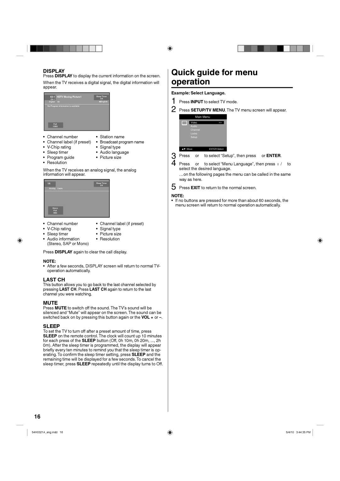 Hitachi L26D204 manual Quick guide for menu operation, Example Select Language 