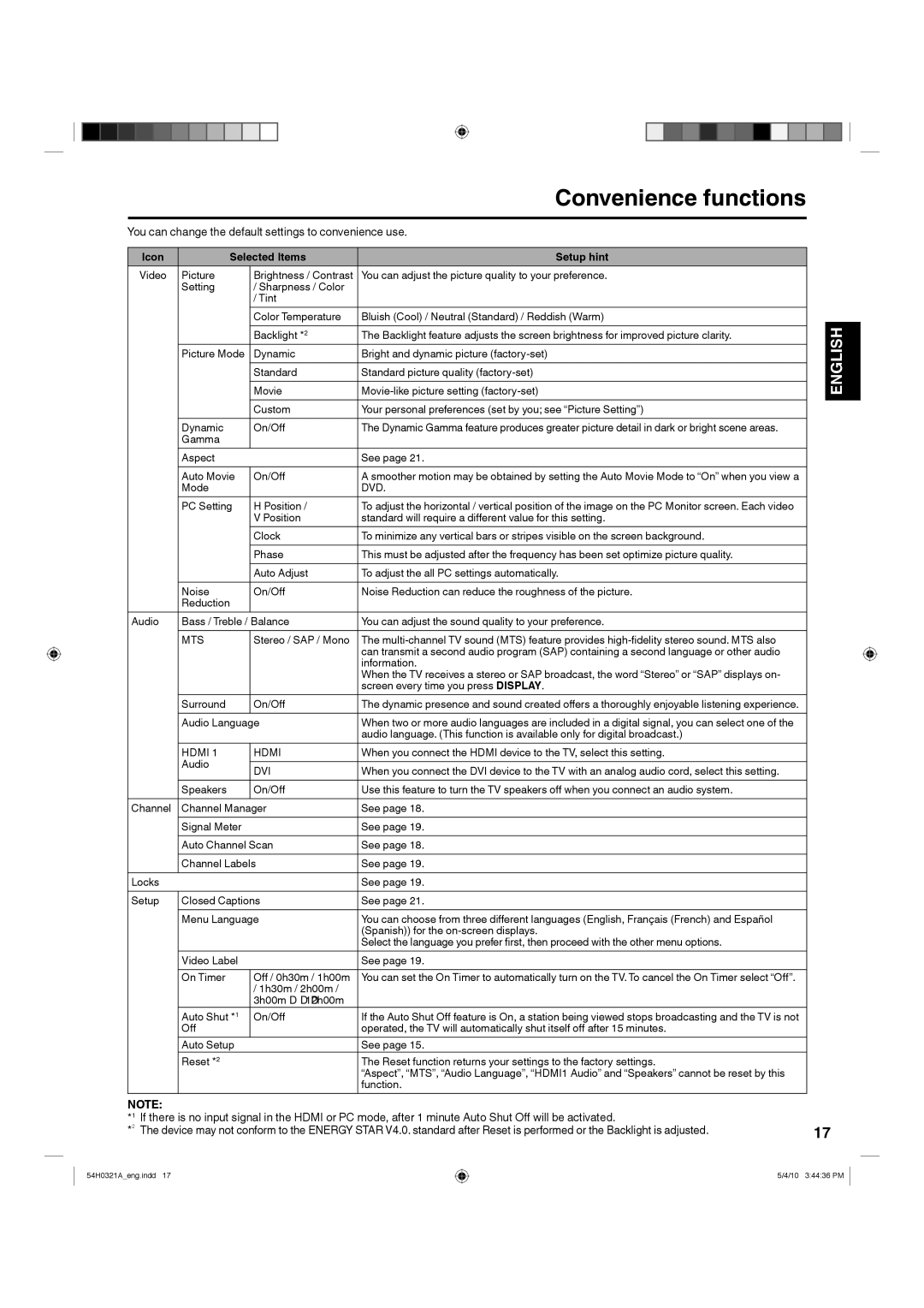 Hitachi L26D204 manual Convenience functions, Setup hint 