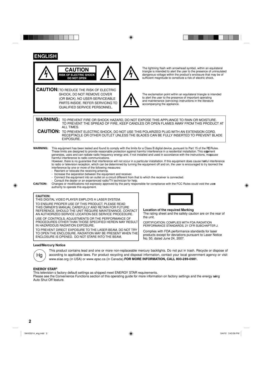 Hitachi L26D204 manual Lead/Mercury Notice, Location of the required Marking, Energy Star 