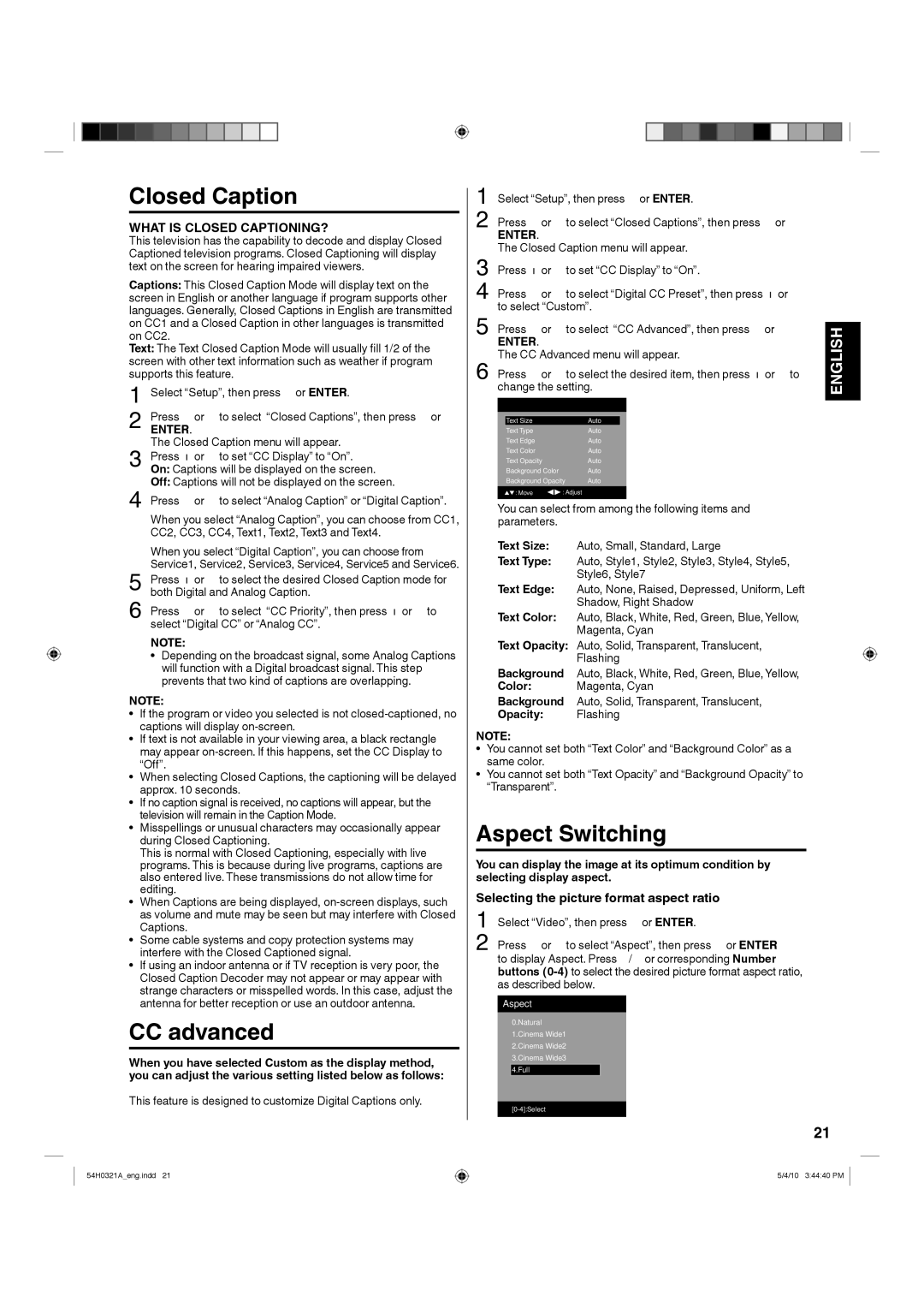 Hitachi L26D204 manual Closed Caption, CC advanced, Aspect Switching, Opacity Flashing 