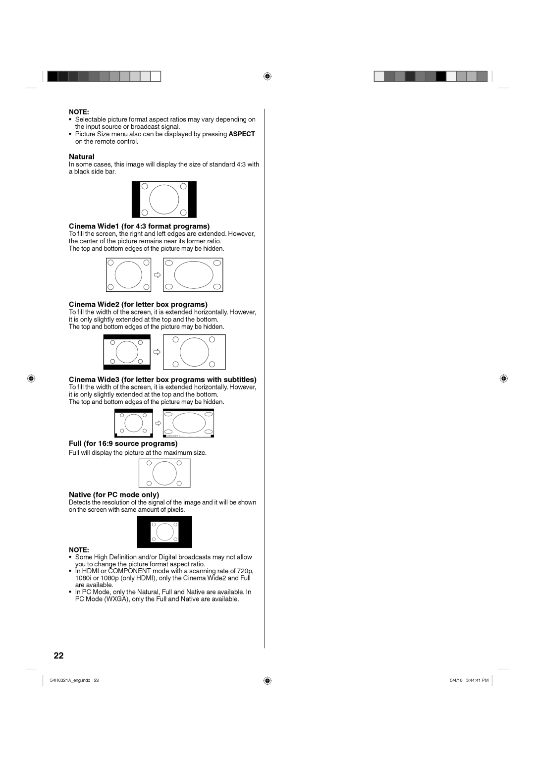 Hitachi L26D204 manual Natural, Cinema Wide1 for 43 format programs, Cinema Wide2 for letter box programs 