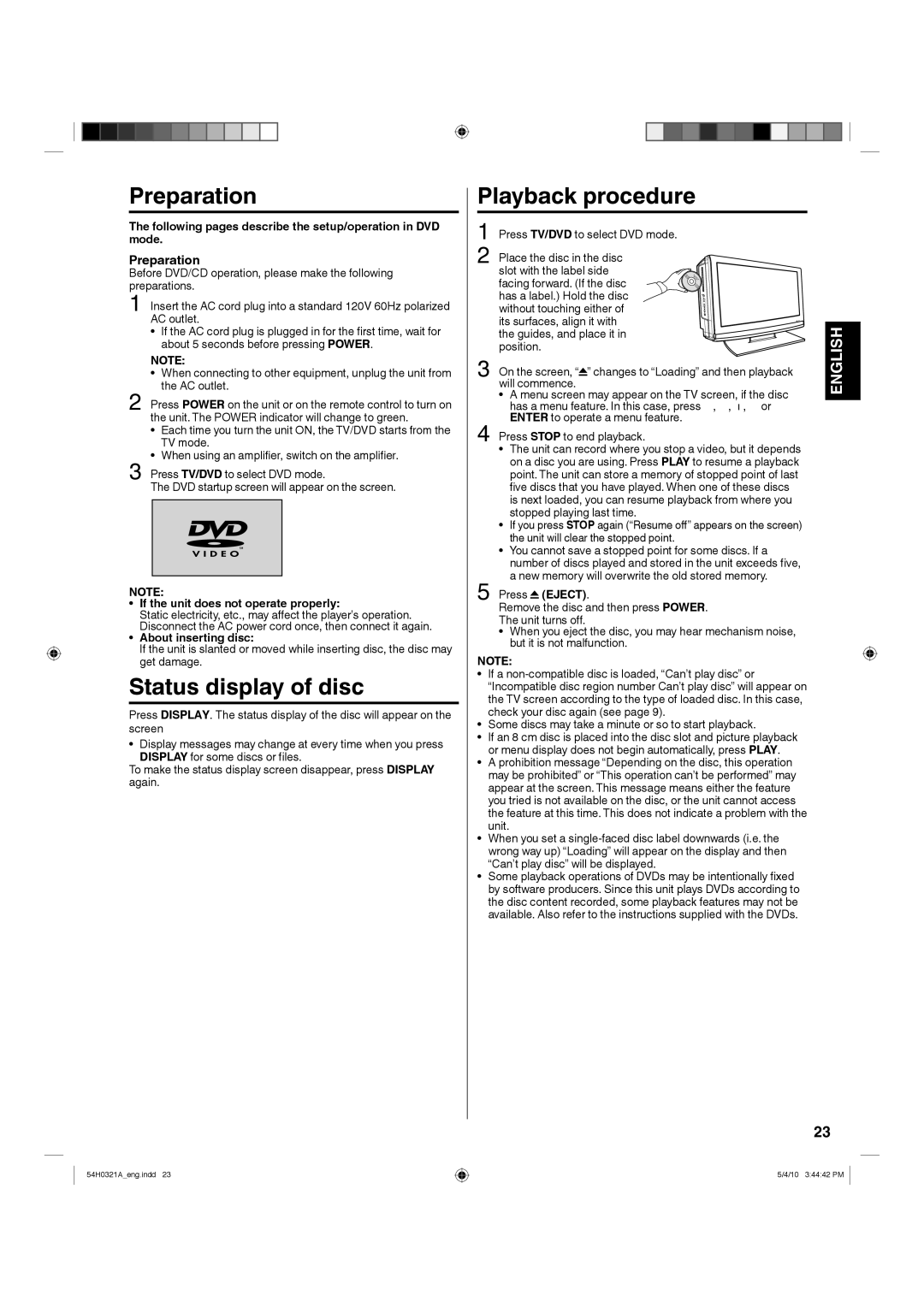 Hitachi L26D204 manual Preparation, Status display of disc, Playback procedure 