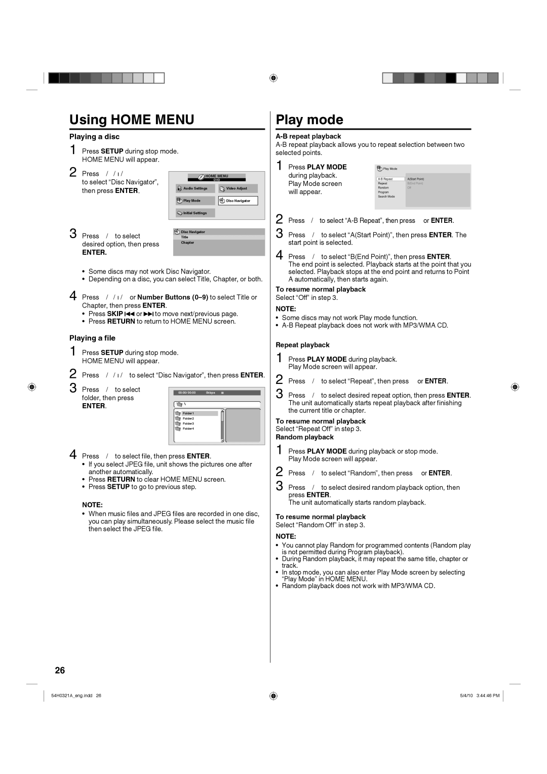 Hitachi L26D204 manual Using Home Menu, Play mode, Playing a disc, Playing a file 