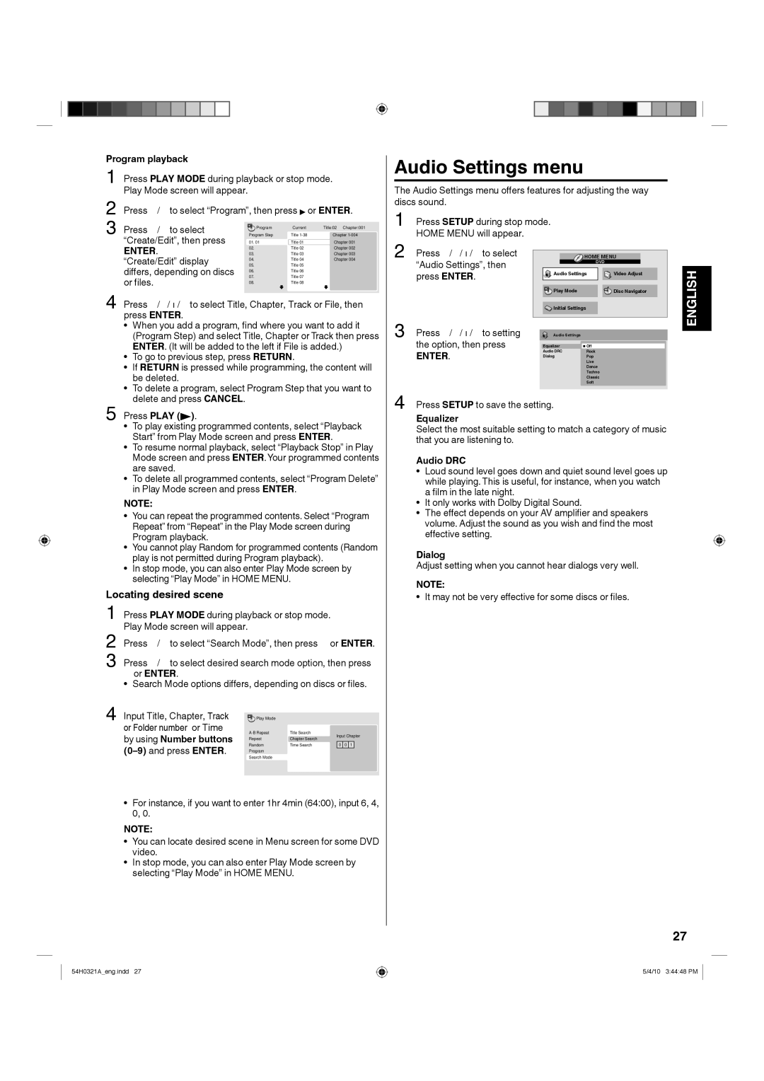 Hitachi L26D204 manual Audio Settings menu, Locating desired scene 