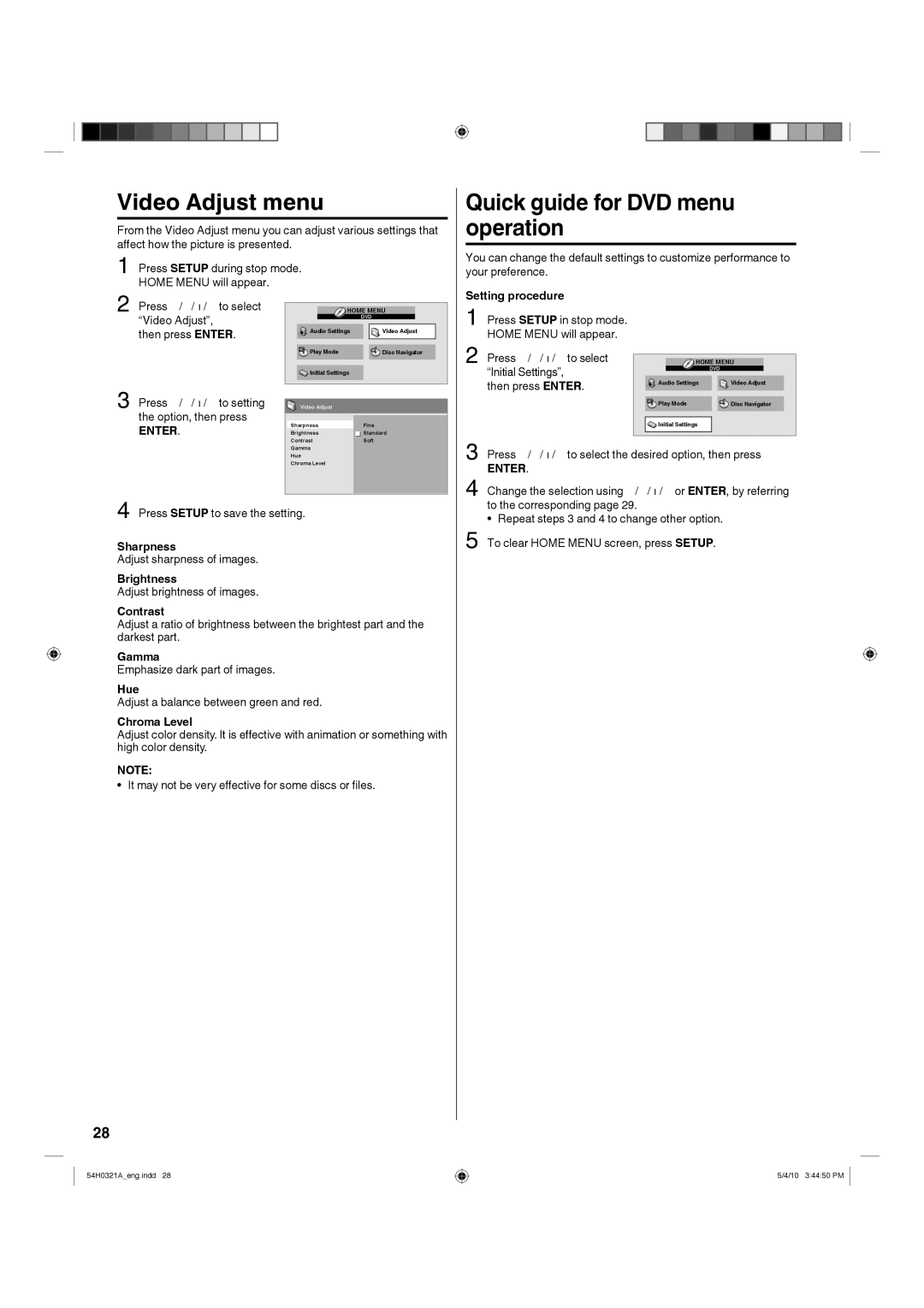 Hitachi L26D204 manual Video Adjust menu, Quick guide for DVD menu operation 