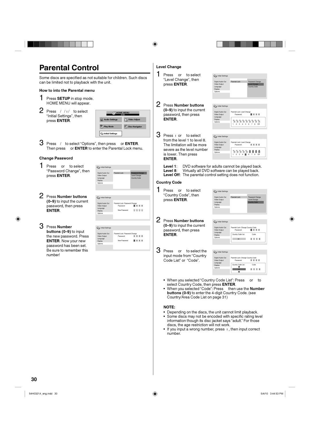 Hitachi L26D204 manual Parental Control, How to into the Parental menu, Level Change, Change Password, Country Code 