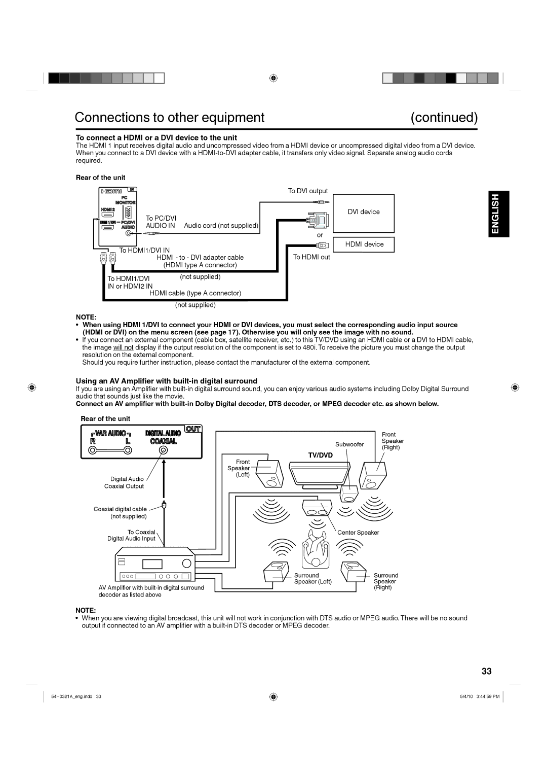 Hitachi L26D204 manual To connect a Hdmi or a DVI device to the unit, Using an AV Amplifier with built-in digital surround 