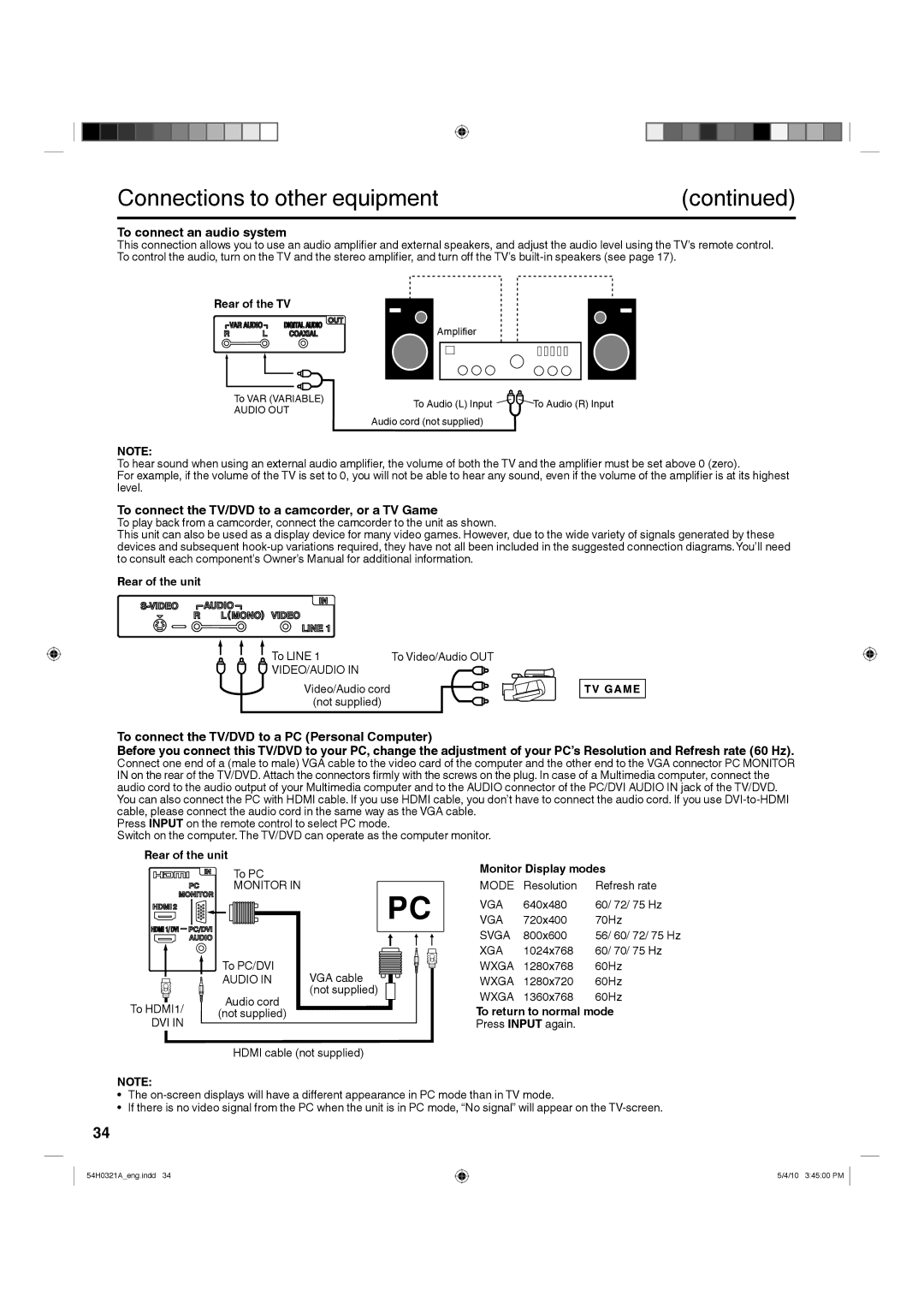 Hitachi L26D204 manual To connect an audio system, To connect the TV/DVD to a camcorder, or a TV Game, Rear of the TV 