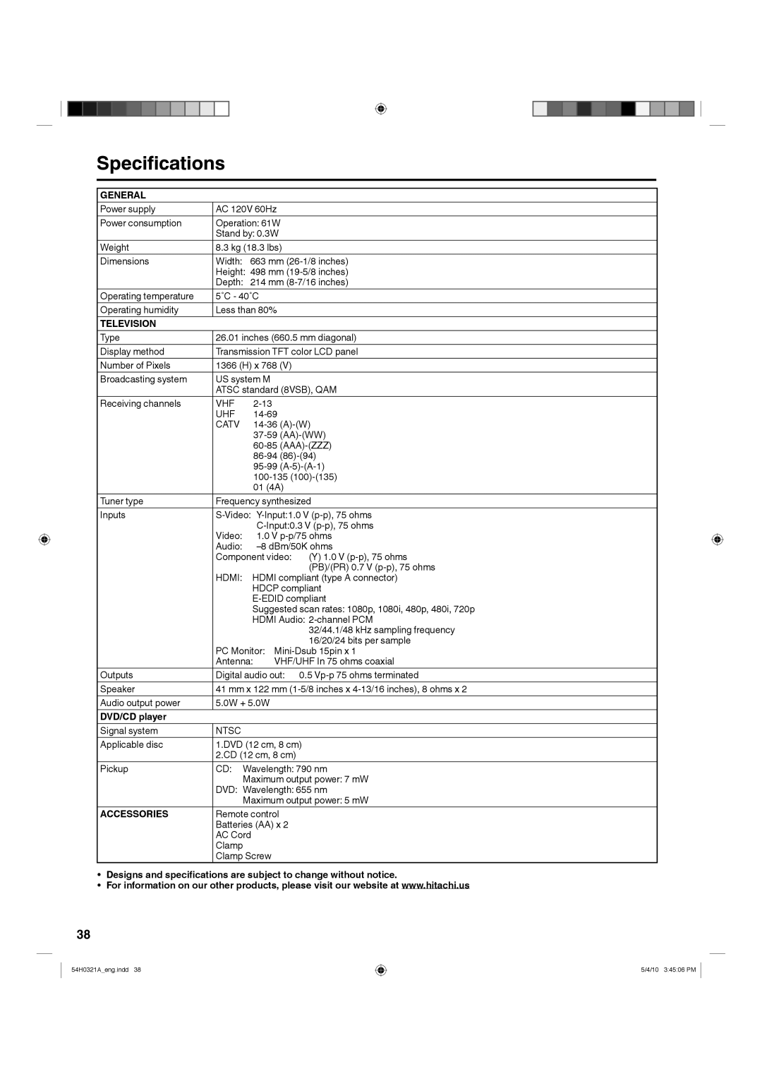 Hitachi L26D204 manual Specifications, General, Television, DVD/CD player, Accessories 