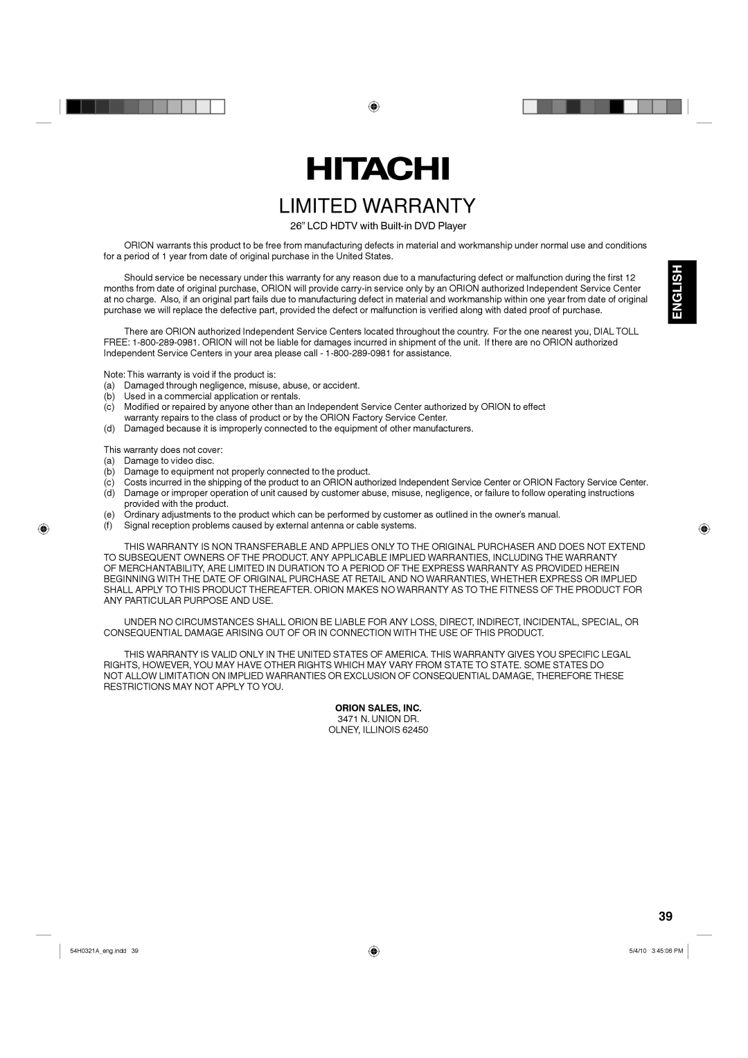 Hitachi L26D204 manual Orion SALES, INC, 3471 N. Union DR, OLNEY, Illinois 