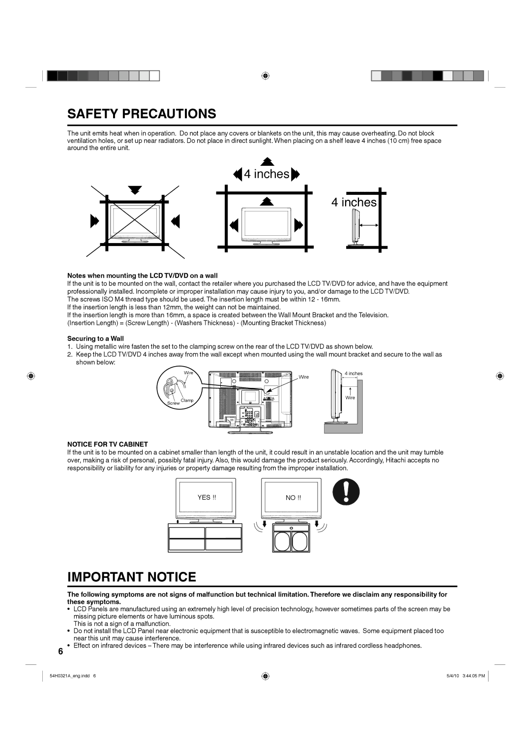 Hitachi L26D204 manual Securing to a Wall, These symptoms, Missing picture elements or have luminous spots 