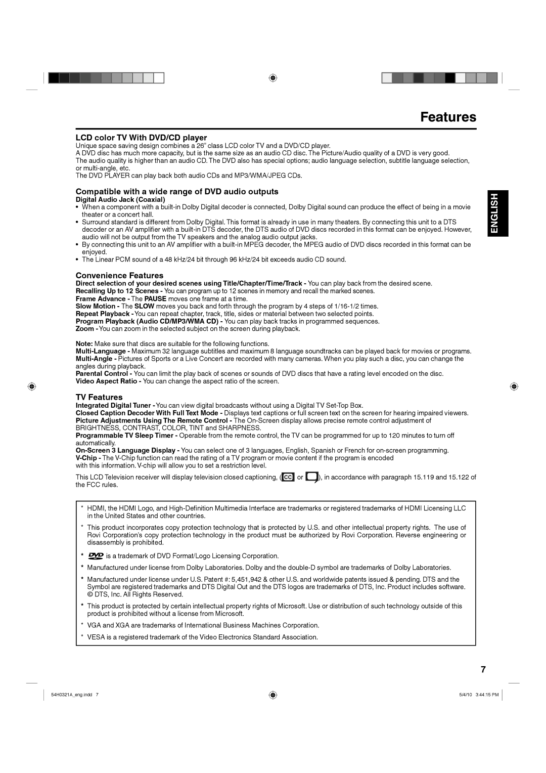 Hitachi L26D204 manual Features, Digital Audio Jack Coaxial 