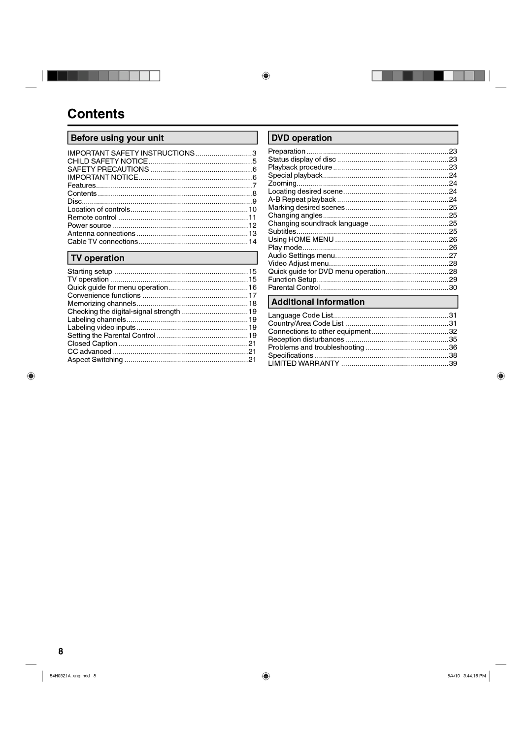 Hitachi L26D204 manual Contents 