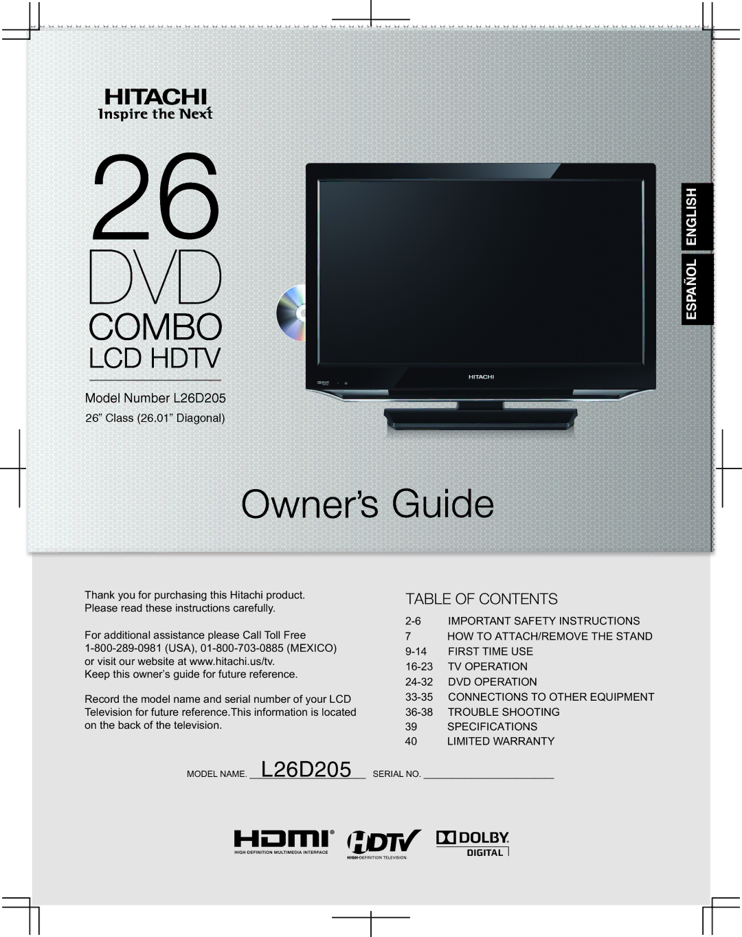 Hitachi L26D205 important safety instructions Table of Contents 