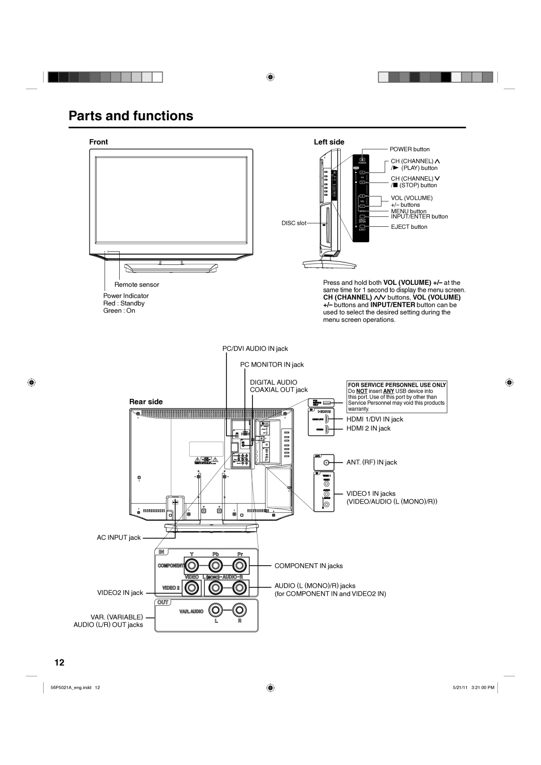 Hitachi L26D205 important safety instructions Parts and functions, Front Left side, Rear side, Digital Audio, VAR. Variable 