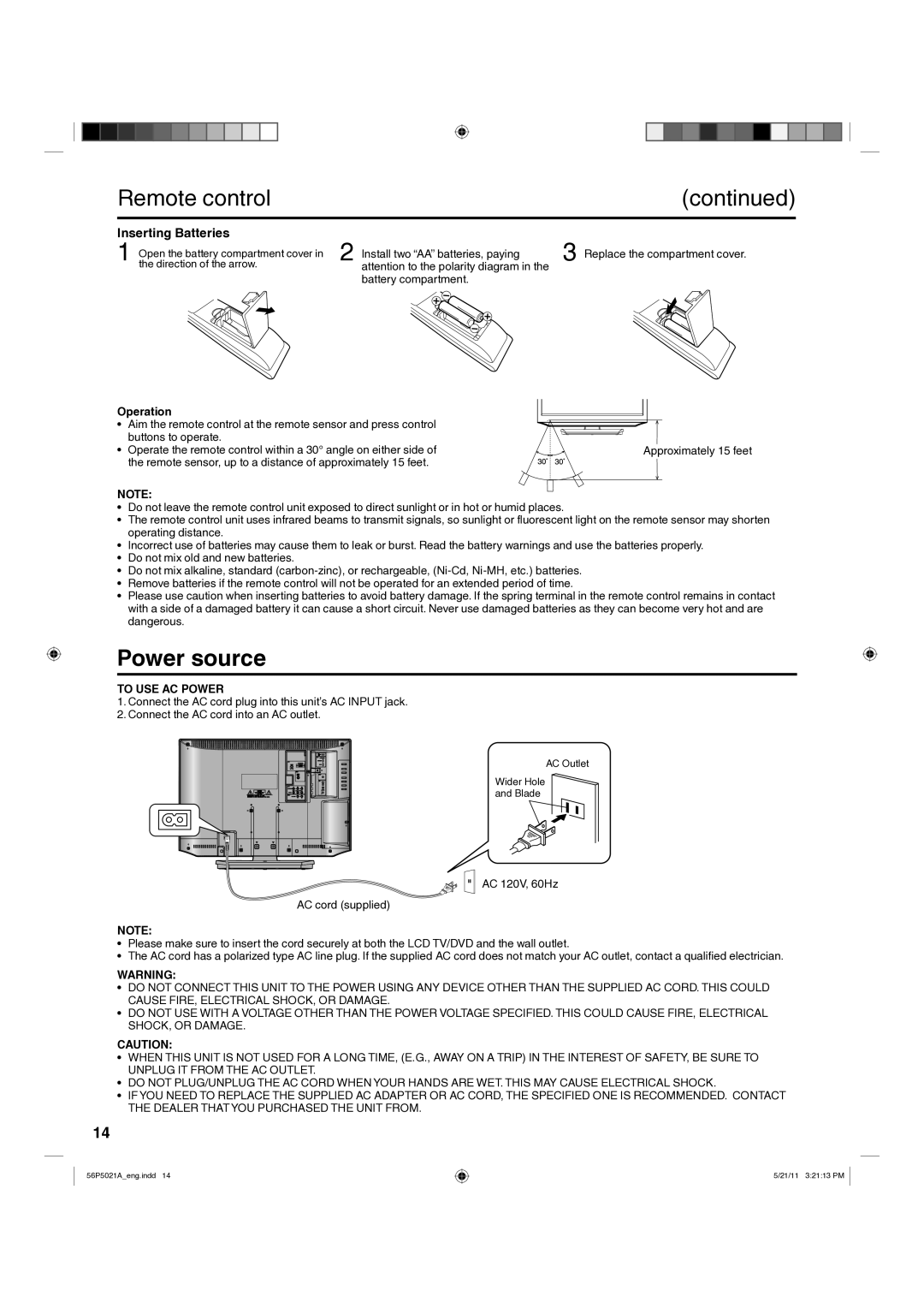 Hitachi L26D205 important safety instructions Power source, Inserting Batteries, Operation, To USE AC Power 