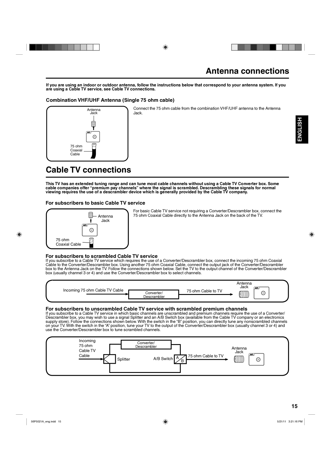 Hitachi L26D205 important safety instructions Antenna connections, Cable TV connections 