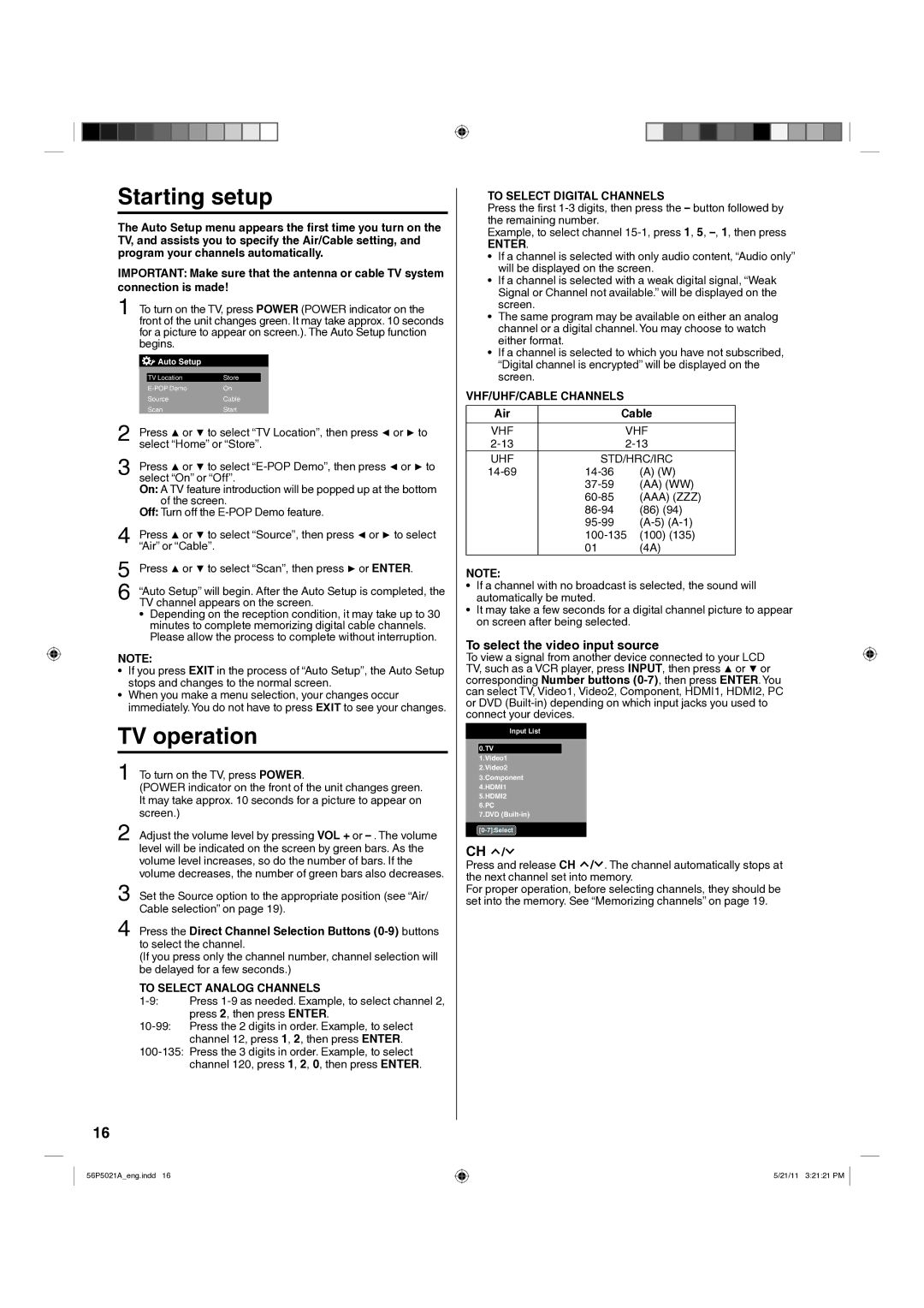 Hitachi L26D205 To select the video input source, To Select Analog Channels, To Select Digital Channels, Enter 