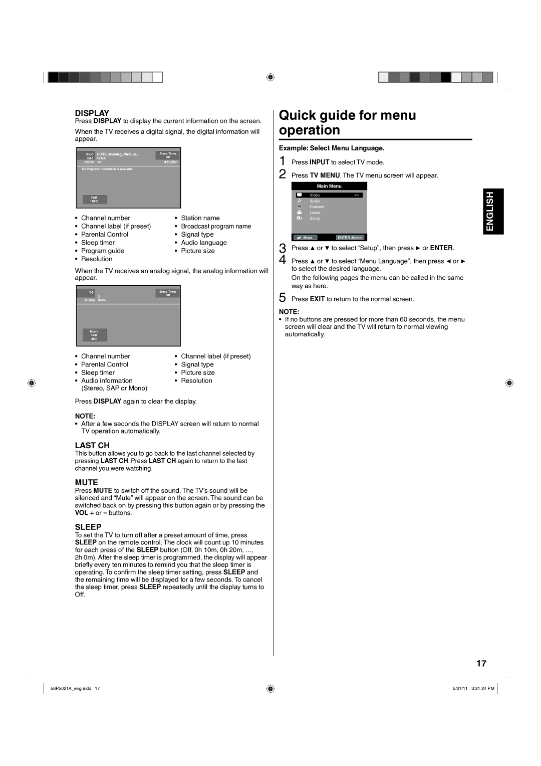 Hitachi L26D205 important safety instructions Quick guide for menu operation, Example Select Menu Language 