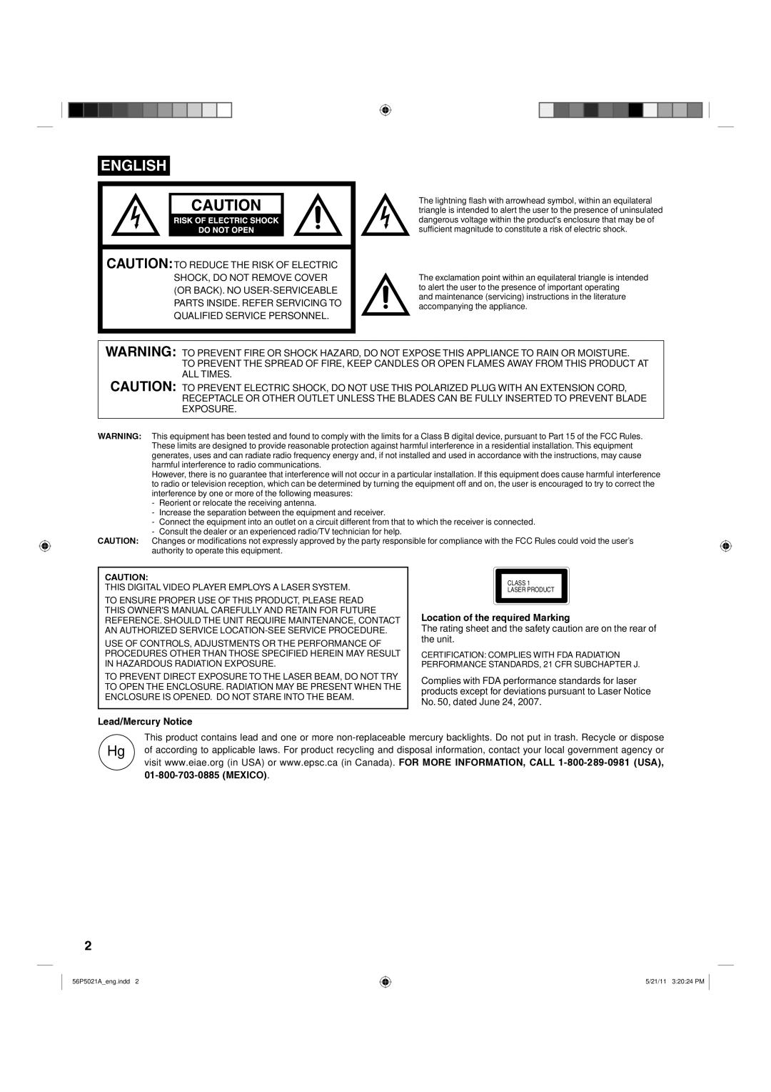 Hitachi L26D205 important safety instructions Lead/Mercury Notice, Location of the required Marking, Mexico 