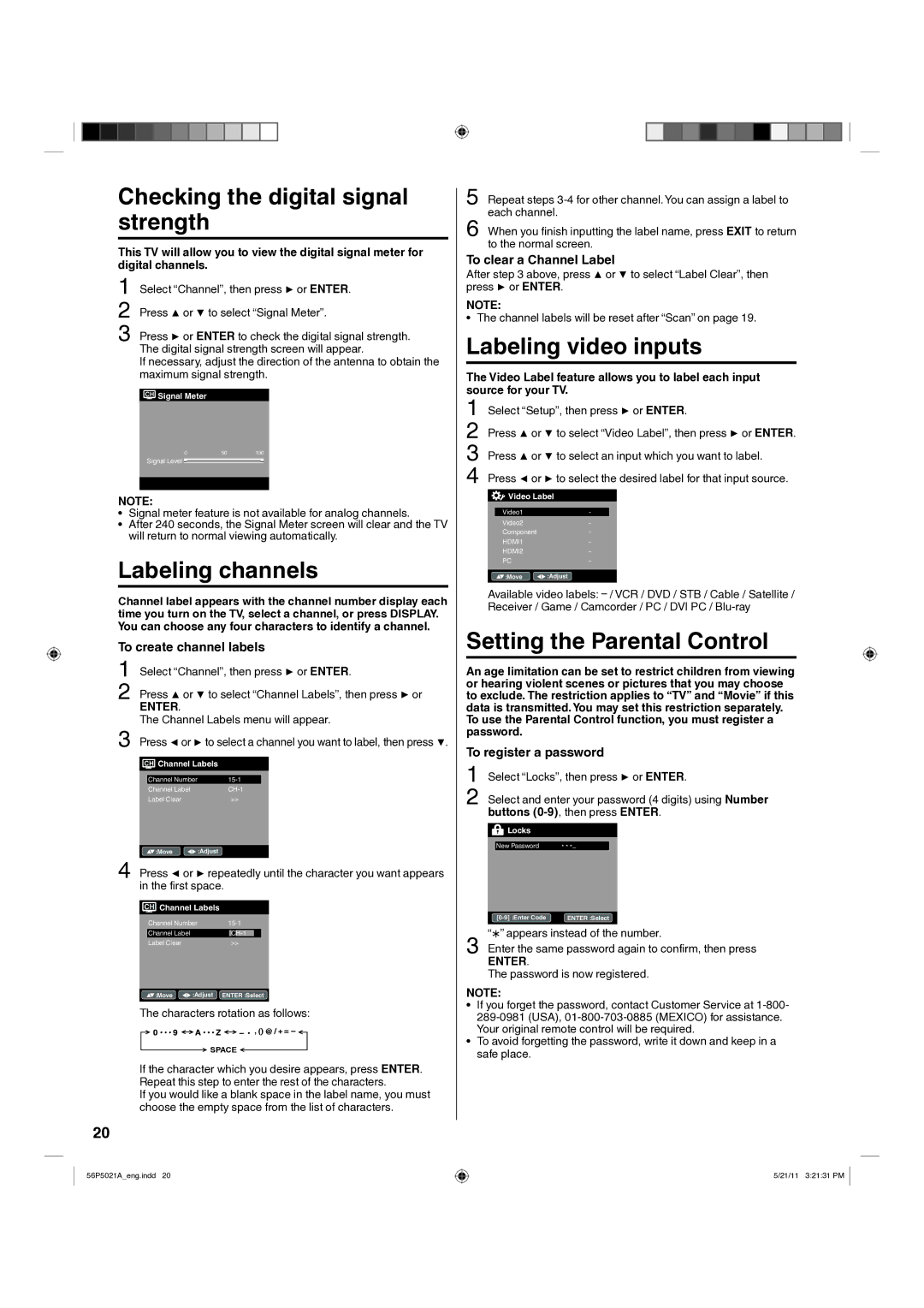 Hitachi L26D205 Checking the digital signal strength, Labeling channels, Labeling video inputs 