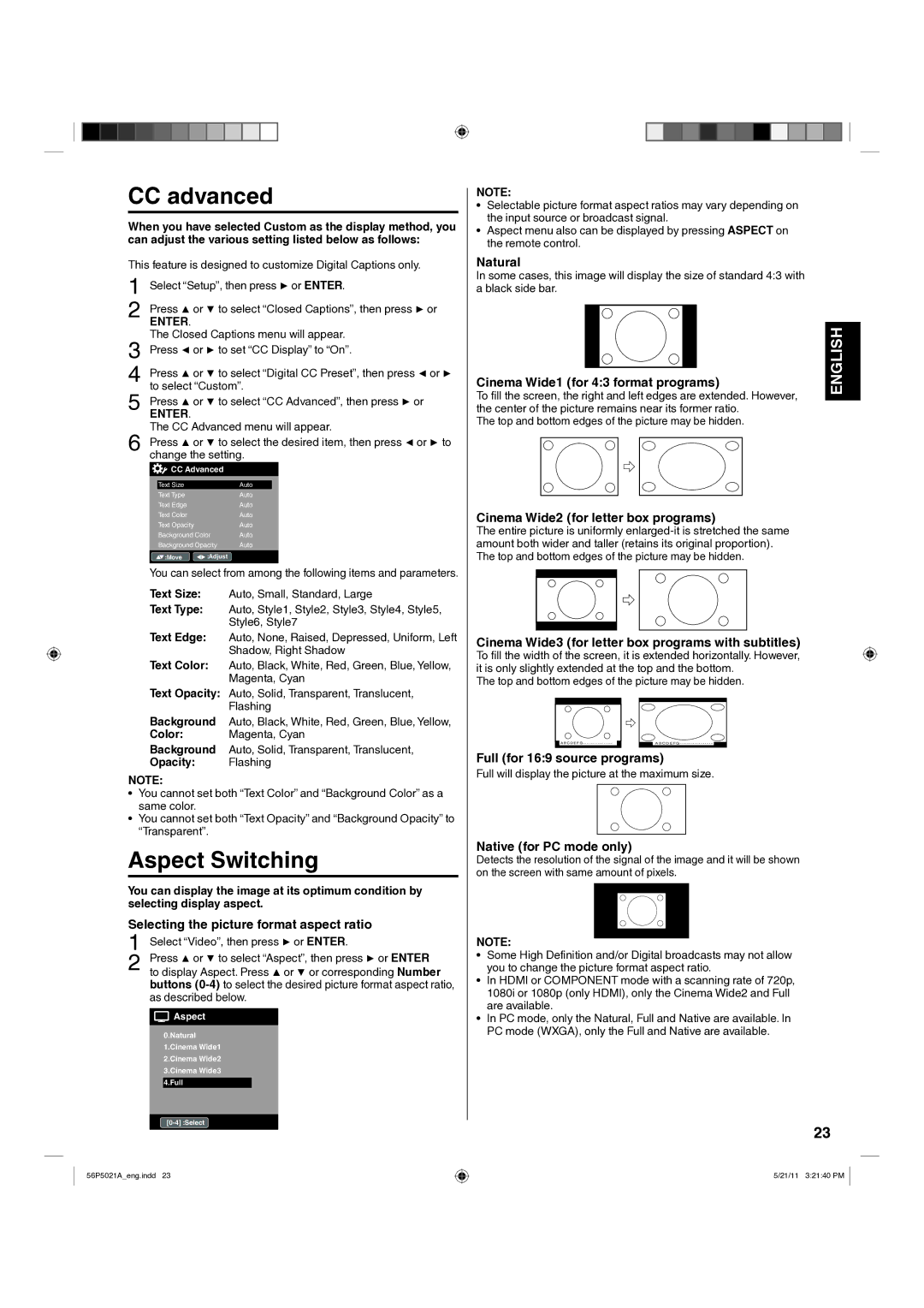 Hitachi L26D205 important safety instructions CC advanced, Aspect Switching 