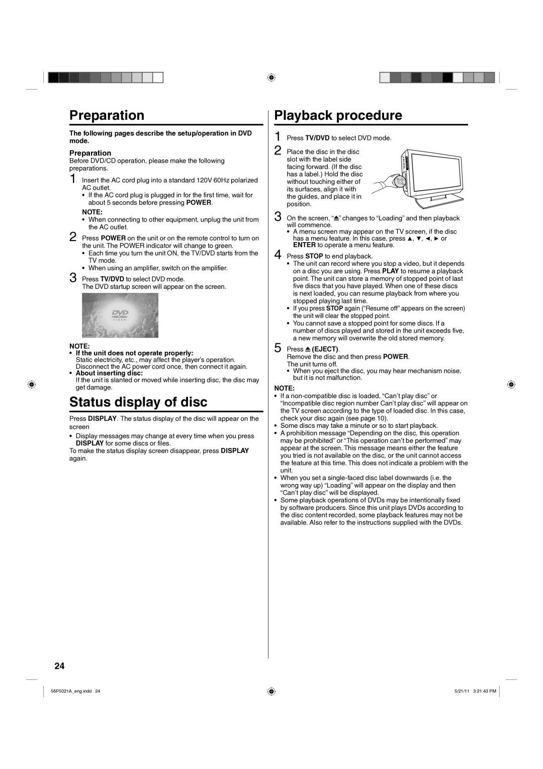 Hitachi L26D205 important safety instructions Preparation, Status display of disc, Playback procedure 