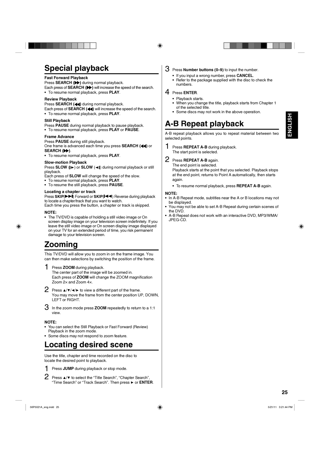 Hitachi L26D205 important safety instructions Special playback, Zooming, Locating desired scene, Repeat playback 