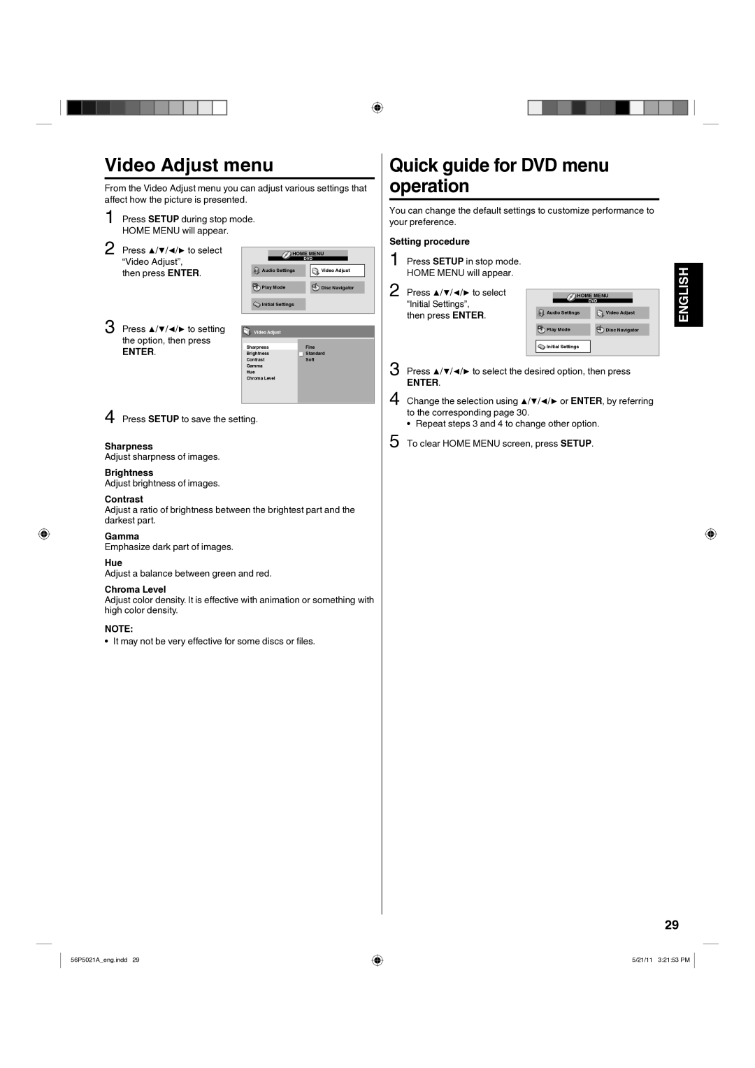 Hitachi L26D205 important safety instructions Video Adjust menu, Quick guide for DVD menu operation 