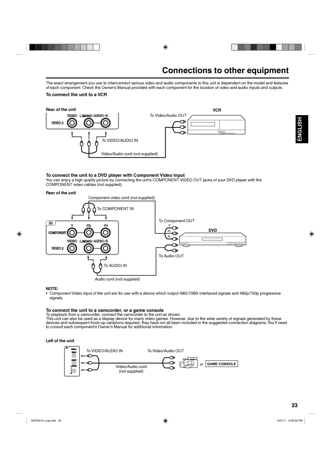 Hitachi L26D205 important safety instructions Connections to other equipment, To connect the unit to a VCR, Vcr 