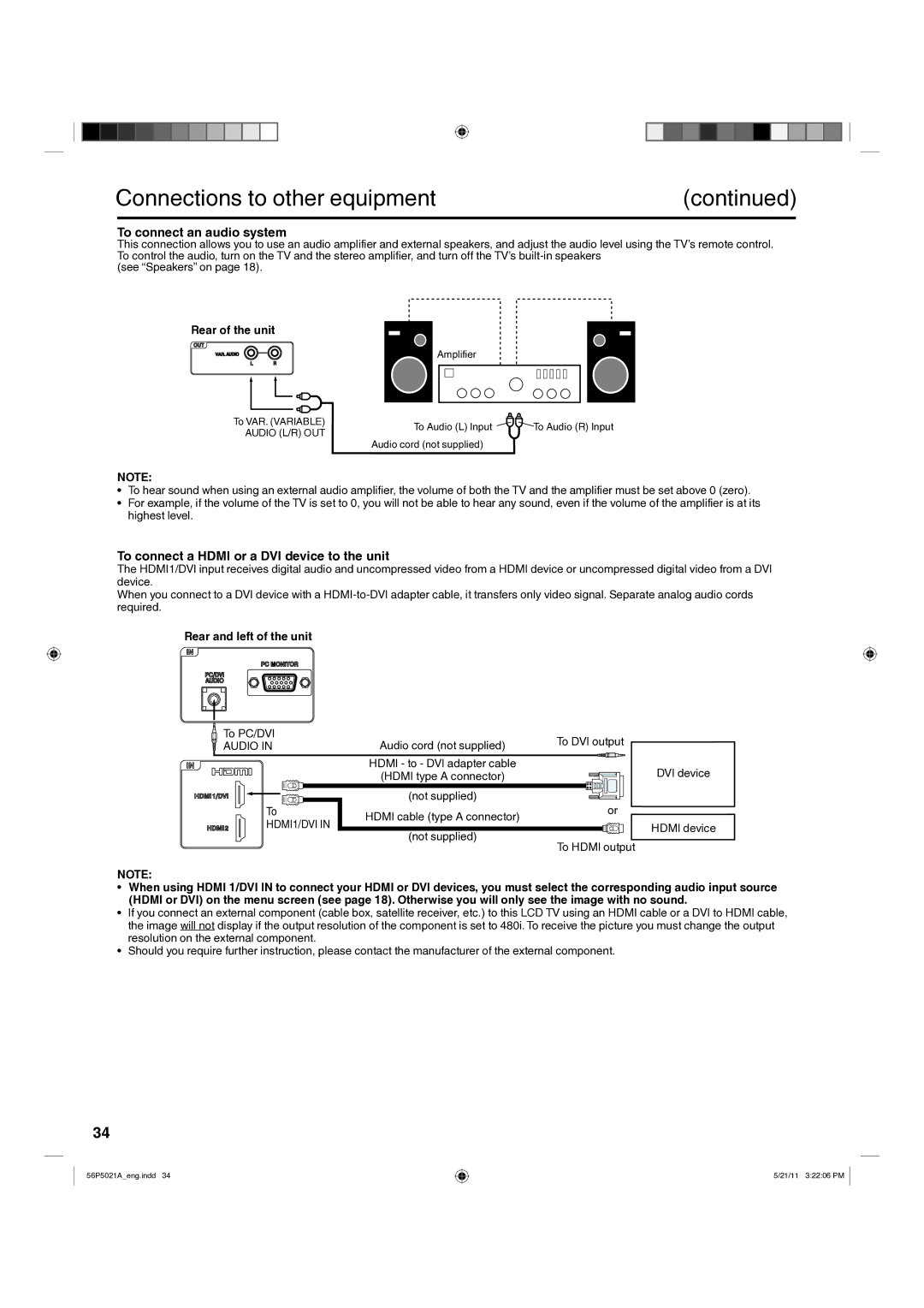 Hitachi L26D205 To connect an audio system, To connect a Hdmi or a DVI device to the unit, Rear and left of the unit 